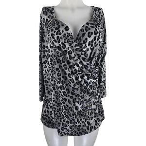 Lane Bryant Black Gray Leopard Zipper Chest Faux Wrap Blouse Women's 14/16